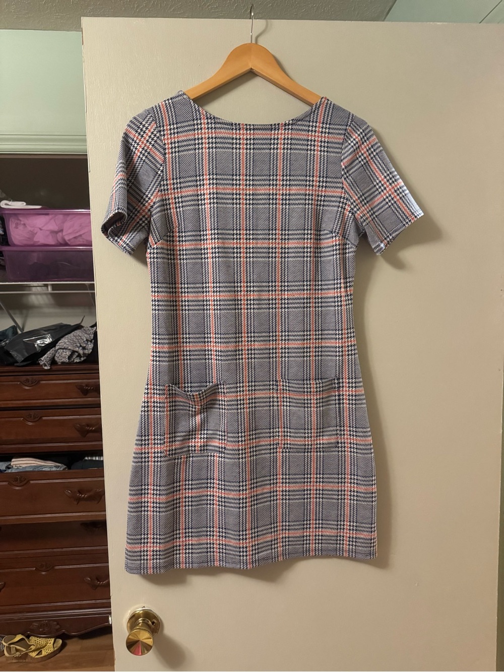 Modcloth Gray and Pink Plaid Short Sleeve Shift Dress